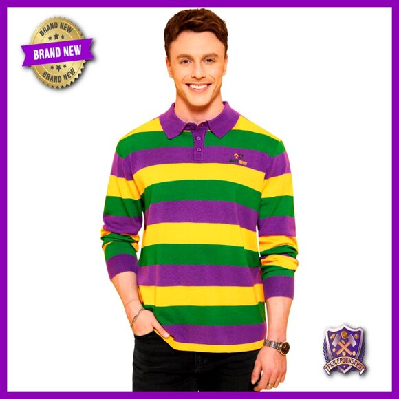 Long Sleeve Polo Shirt Striped Golf Apparel Mardi Gras Festival Party